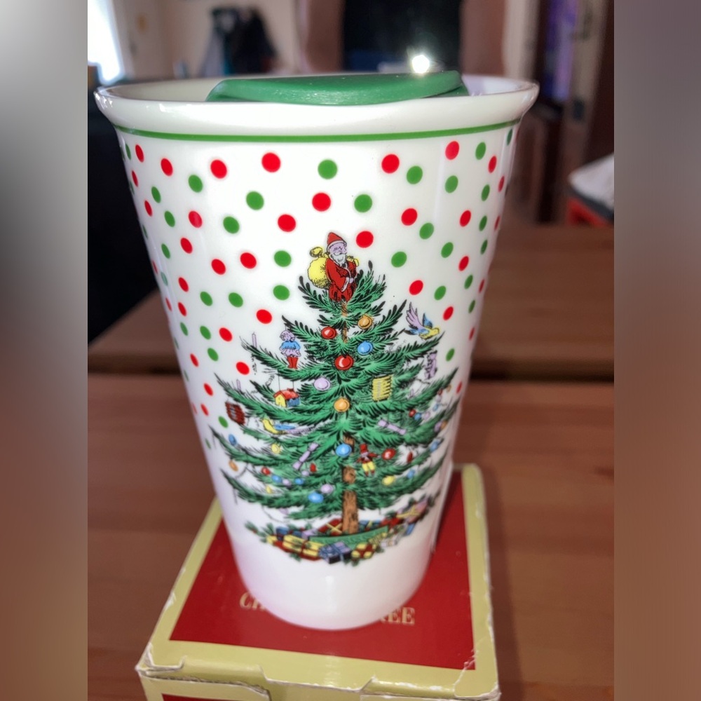 Spode Christmas Tree Polka Dot Travel Mug 8oz EUC appears unused only box worn